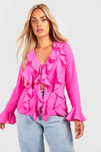 Womens Plus Double Ruffle Frill Blouse - Pink - 16, Pink