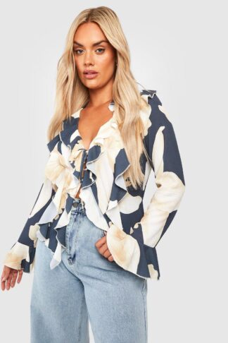 Womens Plus Floral Double Ruffle Frill Blouse - Black - 16, Black