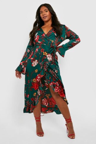 Womens Plus Floral Ruffle Wrap Dress - Green - 20, Green