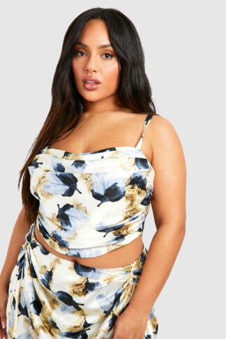 Womens Plus Floral Satin Corset Top - Blue - 16, Blue