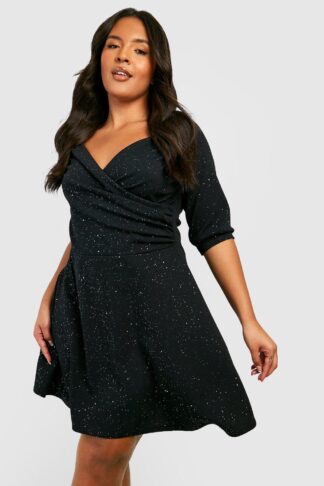 Womens Plus Glitter Scuba Bardot Skater Dress - Black - 16, Black