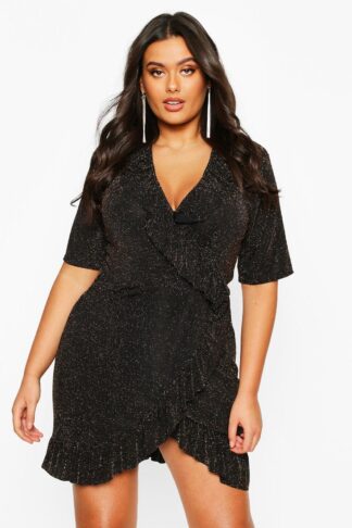 Womens Plus Glitter Shimmer Ruffle Wrap Dress - Gold - 18, Gold