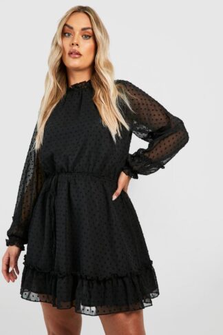 Womens Plus High Neck Dobby Mesh Skater Dress - Black - 24, Black