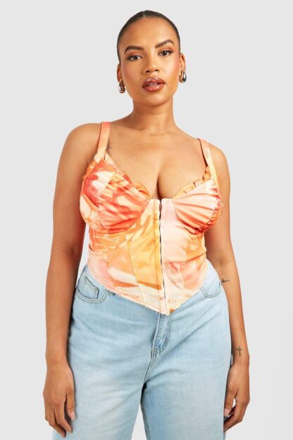 Womens Plus Hook And Eye Printed Corset Top - Yellow - 16, Yellow