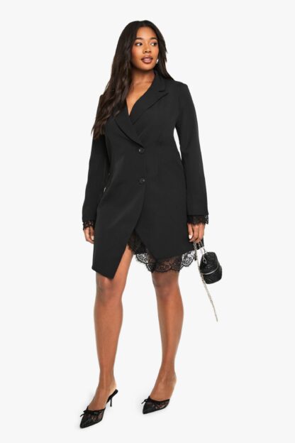 Womens Plus Lace Insert Blazer Dress - Black - 16, Black