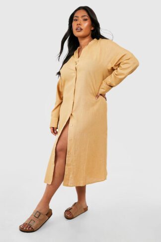 Womens Plus Linen Look Midi Shirt Dress - Beige - 16, Beige