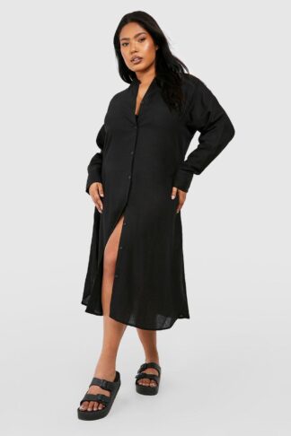 Womens Plus Linen Look Midi Shirt Dress - Black - 16, Black