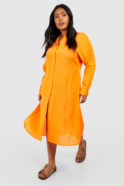 Womens Plus Linen Look Midi Shirt Dress - Orange - 16, Orange