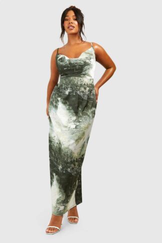 Womens Plus Marble Printed Satin Maxi Dress
