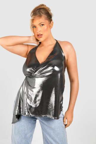 Womens Plus Metallic Wrap Frill Cami Top - Grey - 18, Grey