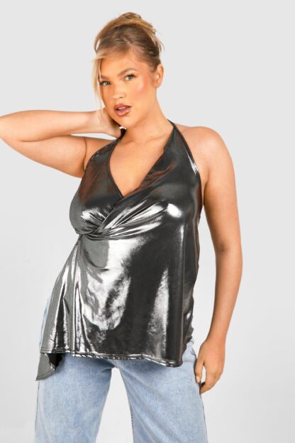 Womens Plus Metallic Wrap Frill Cami Top - Grey - 18, Grey