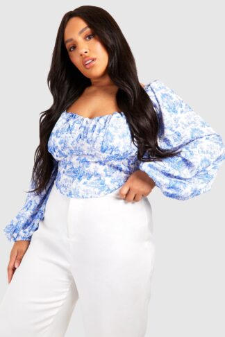 Womens Plus Milkmaid Porcelain Ruched Bust Corset Top - Blue - 16, Blue