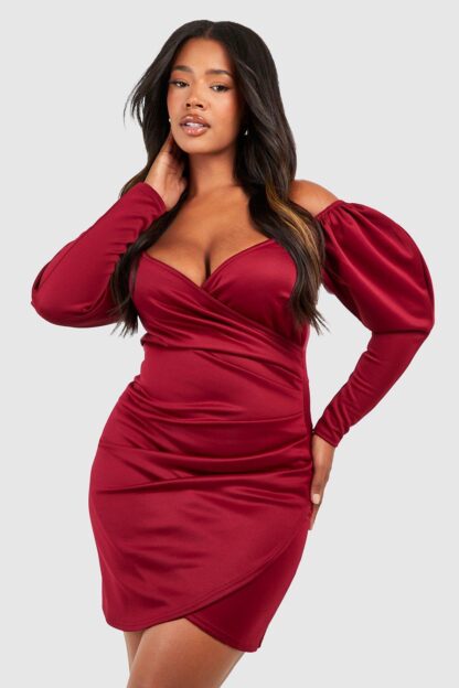 Womens Plus Off Shoulder Pleated Detail Wrap Dress - Red - 28, Red