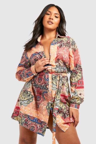 Womens Plus Paisley Long Sleeve Shirt Dress - Orange - 16, Orange