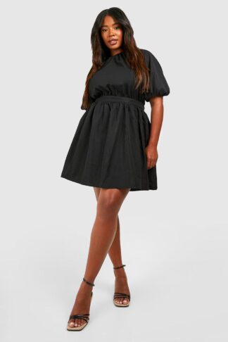 Womens Plus Poplin Puff Sleeve Skater Dress - Black - 16, Black