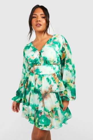 Womens Plus Printed Chiffon Ruffle Skater Dress - Green - 16, Green