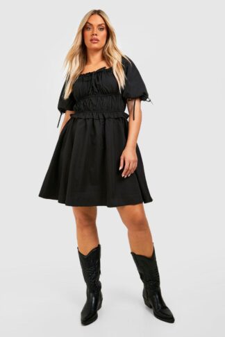 Womens Plus Puff Sleeve Ruched Detail Skater Dress - Black - 16, Black