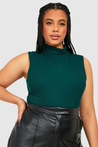 Womens Plus Rib Roll Neck Sleeveless Top - Green - 18, Green
