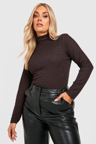 Womens Plus Rib Roll Neck Top - Brown - 24, Brown