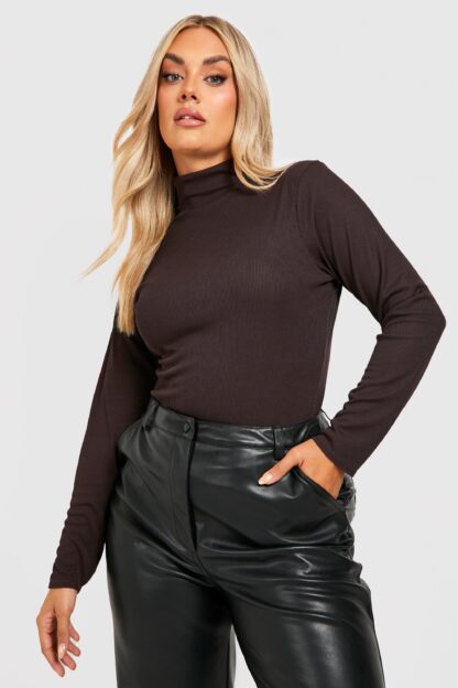 Womens Plus Rib Roll Neck Top - Brown - 24, Brown