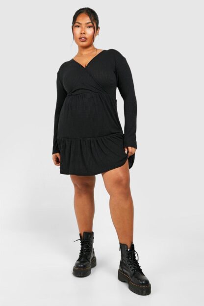 Womens Plus Ribbed Tiered Wrap Dress - Black - 16, Black