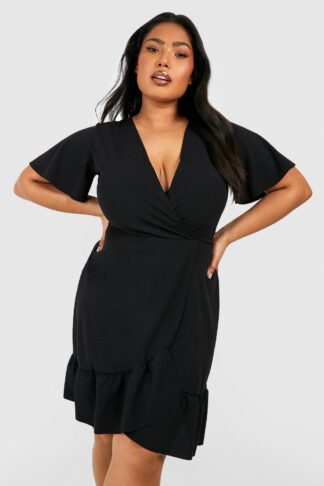 Womens Plus Ruffle Wrap Dress - Black - 16, Black