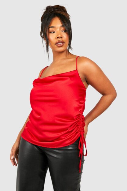 Womens Plus Satin Cowl Ruched Side Cami Top - Red - 22, Red