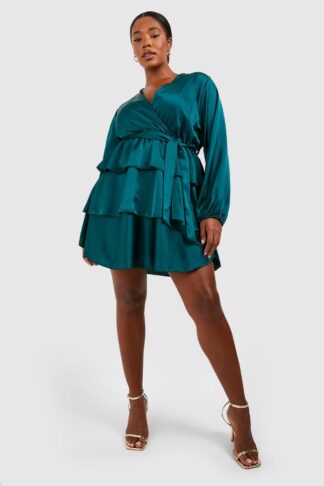 Womens Plus Satin Ruffle Skater Dress - Green - 26, Green