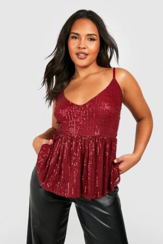 Womens Plus Sequin Peplum Cami Top - Red - 24, Red