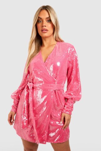 Womens Plus Sequin Wrap Dress - Pink - 16, Pink
