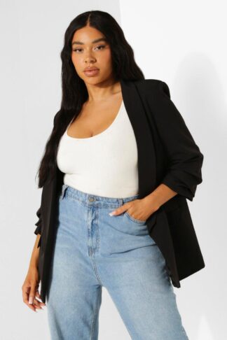 Womens Plus Stretch Woven Ruched Sleeve Blazer - Black - 16, Black