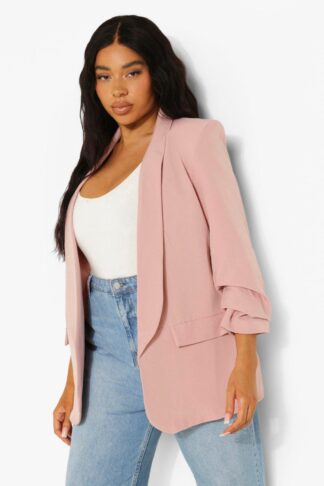 Womens Plus Stretch Woven Ruched Sleeve Blazer - Pink - 16, Pink