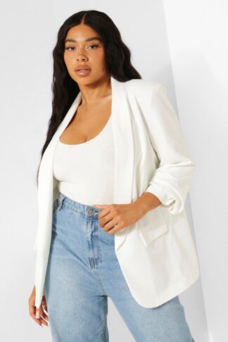 Womens Plus Stretch Woven Ruched Sleeve Blazer - White - 16, White