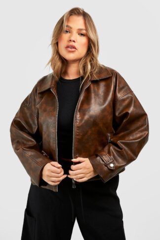 Womens Plus Vintage Look Faux Leather Jacket - Brown - 22, Brown