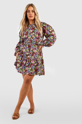 Womens Plus Woven Puff Sleeve Floral Skater Dress - Red - 16, Red