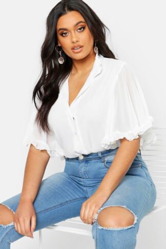 Womens Plus Woven Ruffle Angel Sleeve Blouse - White - 16, White