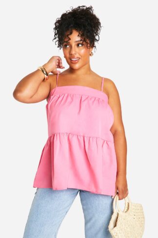 Womens Plus Woven Square Neck Teired Cami Top - Pink - 28, Pink