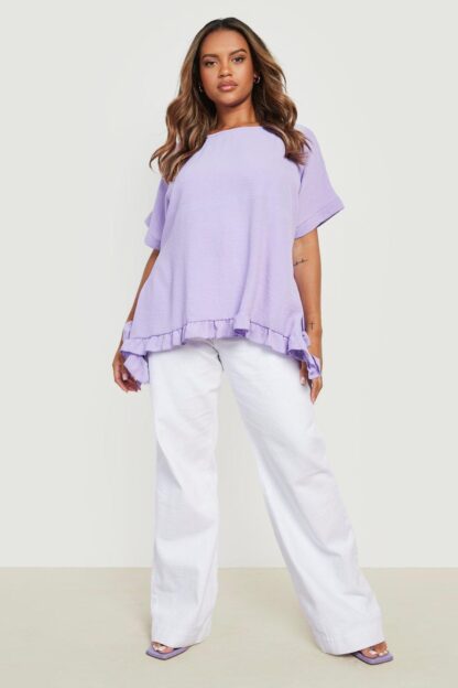 Womens Plus Woven Textured Frill Oversized Blouse - Purple - 18, Purple
