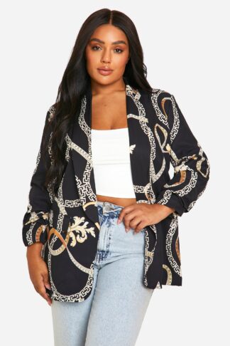 Womens Plus Zebra Chain Print Ruched Sleeve Blazer - Black - 16, Black