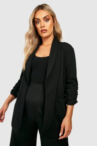 Womens Boohoo Basics Plus Lapel Detail Ruched Sleeve Blazer - Black - 16, Black