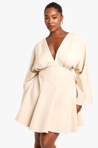 Womens PLUS PLEATED SKIRT LONG SLEEVE SKATER DRESS