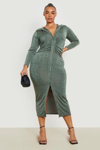 Womens Plus Acetate Slinky Midaxi Shirt Dress - Green - 26, Green