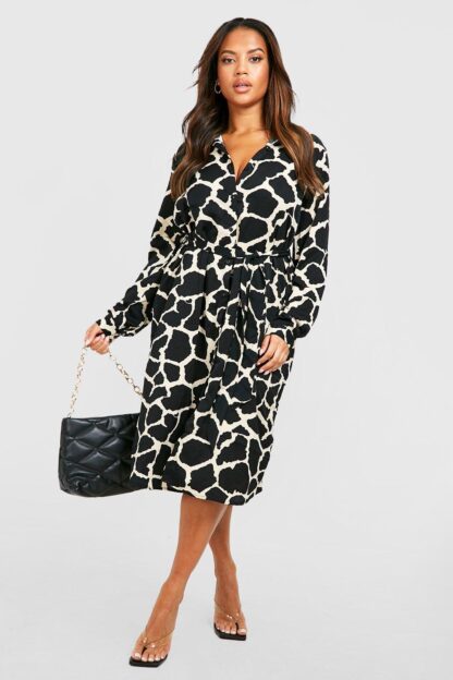 Womens Plus Animal Print Belted Midi Shirt Dress - Brown - 28, Brown