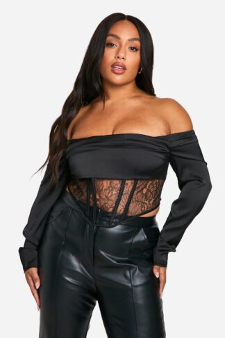 Womens Plus Bardot Pleated Lace Bodice Corset Top - Black - 16, Black