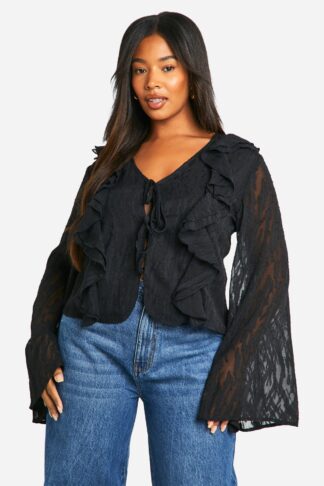 Womens Plus Burnout Animal Tie Front Ruffle Blouse - Black - 16, Black