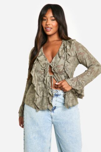 Womens Plus Burnout Double Ruffle Tie Front Blouse - Green - 16, Green