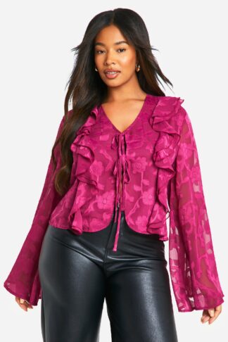 Womens Plus Burnout Floral Tie Front Ruffle Blouse - Purple - 16, Purple