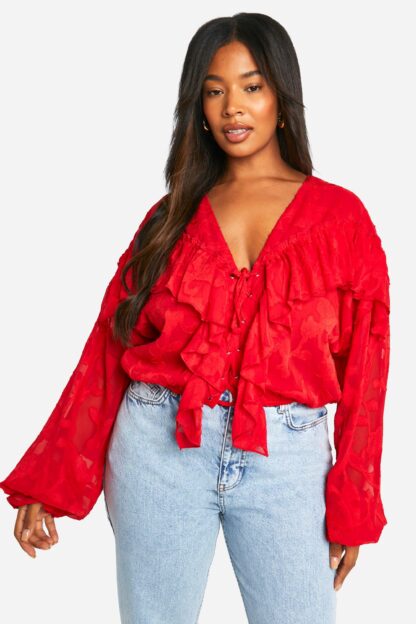 Womens Plus Burnout Lace Up Ruffle Cuff Blouse - Red - 16, Red