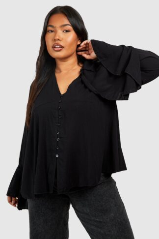 Womens Plus Button Detail Plunge Flare Sleeve Blouse - Black - 16, Black