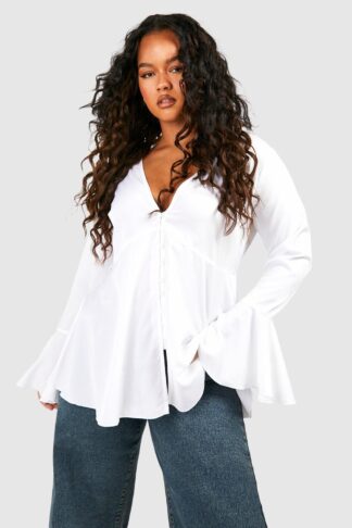 Womens Plus Button Detail Plunge Flare Sleeve Blouse - White - 16, White